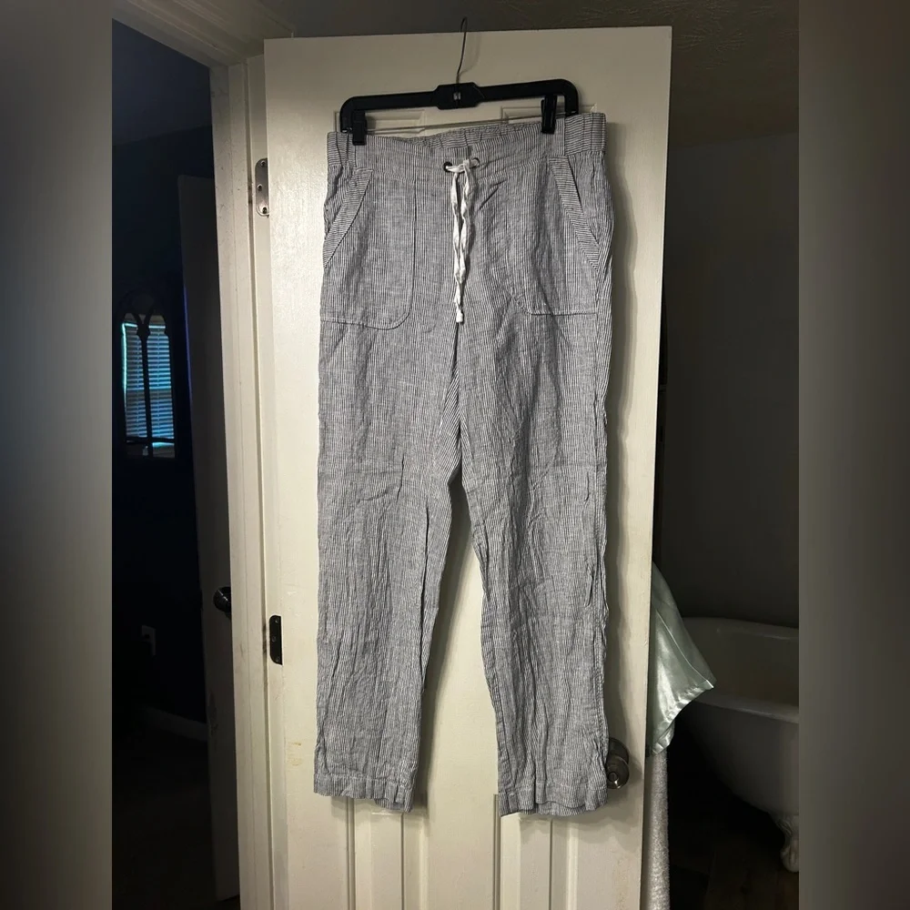 Athleta Pants Wide Leg Linen Bali Trouser Drawstring Stripe 100% Linen - Picture 2 of 10